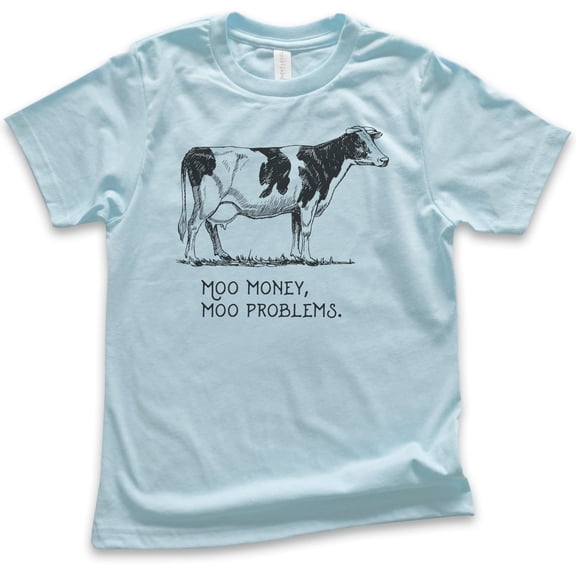 Kids Moo Money Moo Problems Cow Shirt, Youth Kids Boy Girl T-Shirt, Farm Animal Shirt, Cute Cow Shirt, Light Blue, X-Small