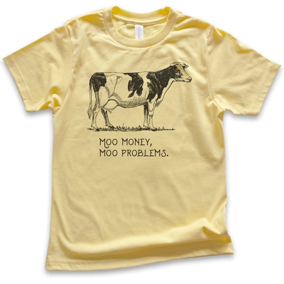 Kids Moo Money Moo Problems Cow Shirt, Youth Kids Boy Girl T-Shirt, Farm Animal Shirt, Cute Cow Shirt, Yellow, Small