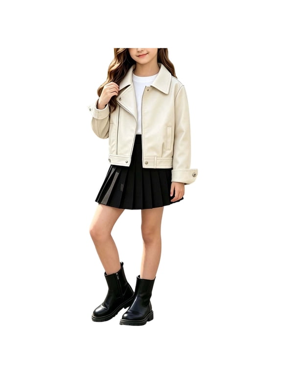 Kids Moto Jackets Long Sleeve Collared Girls Casual Fall Winter Outfits Children Trendy Outerwear for Daily Wear