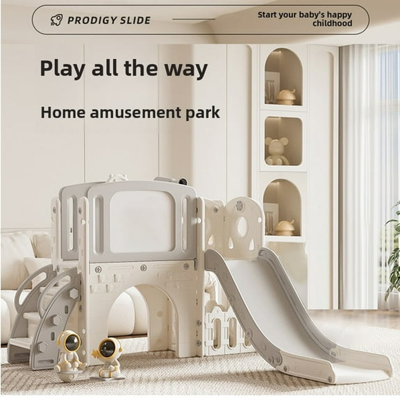 Kids Multi-Function Slide with Tunnel, Hoop, Telescope and Drawing Board（gray-white）