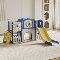 6 in 1 Toddler Slide Playset Playground for Toddlers Age 1-3 with Basketball Hoop, Telescope, Indoor &Outdoor BLUEYELLOW