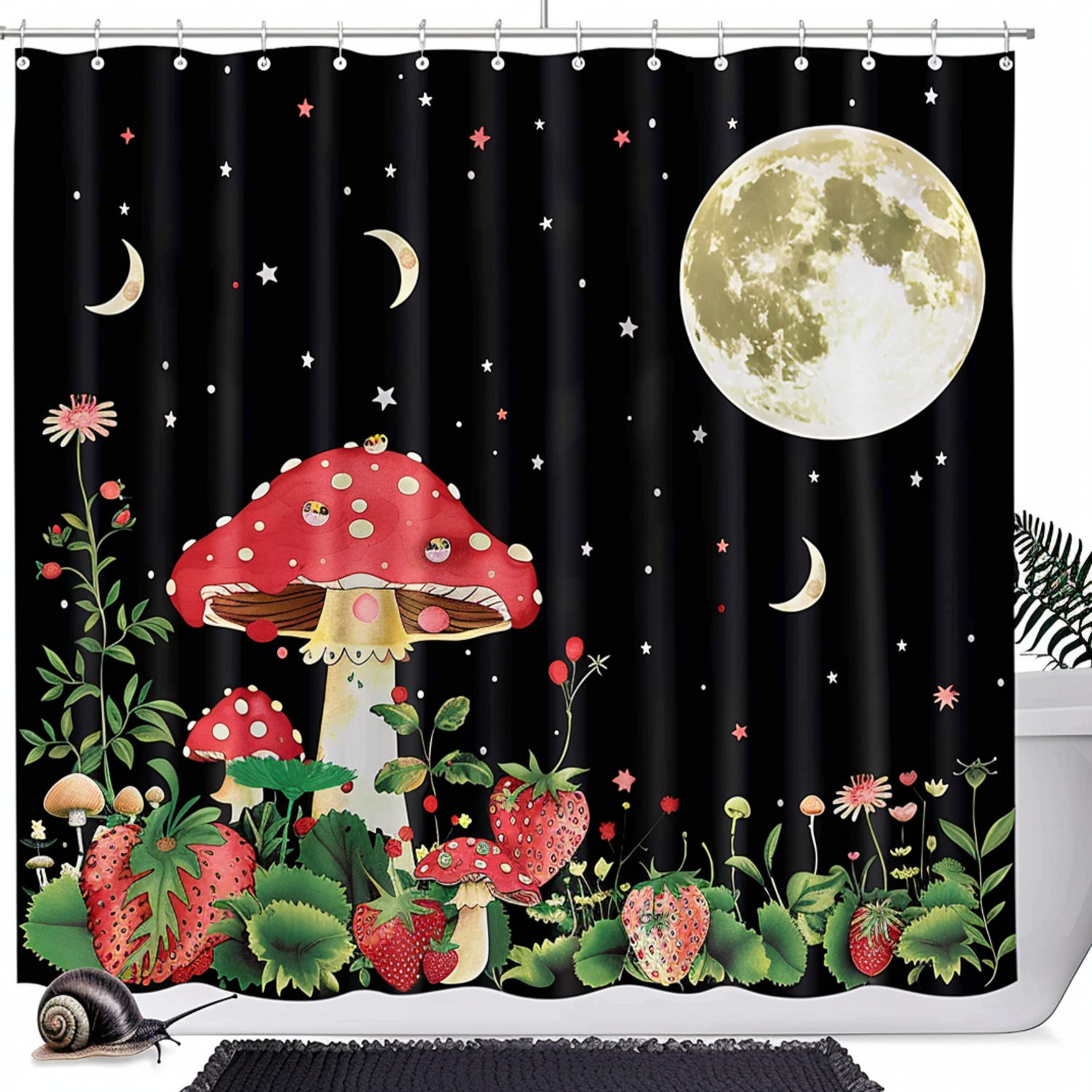 Kids Mushroom & Strawberry Garden Shower Curtain Set with Snails & Moon