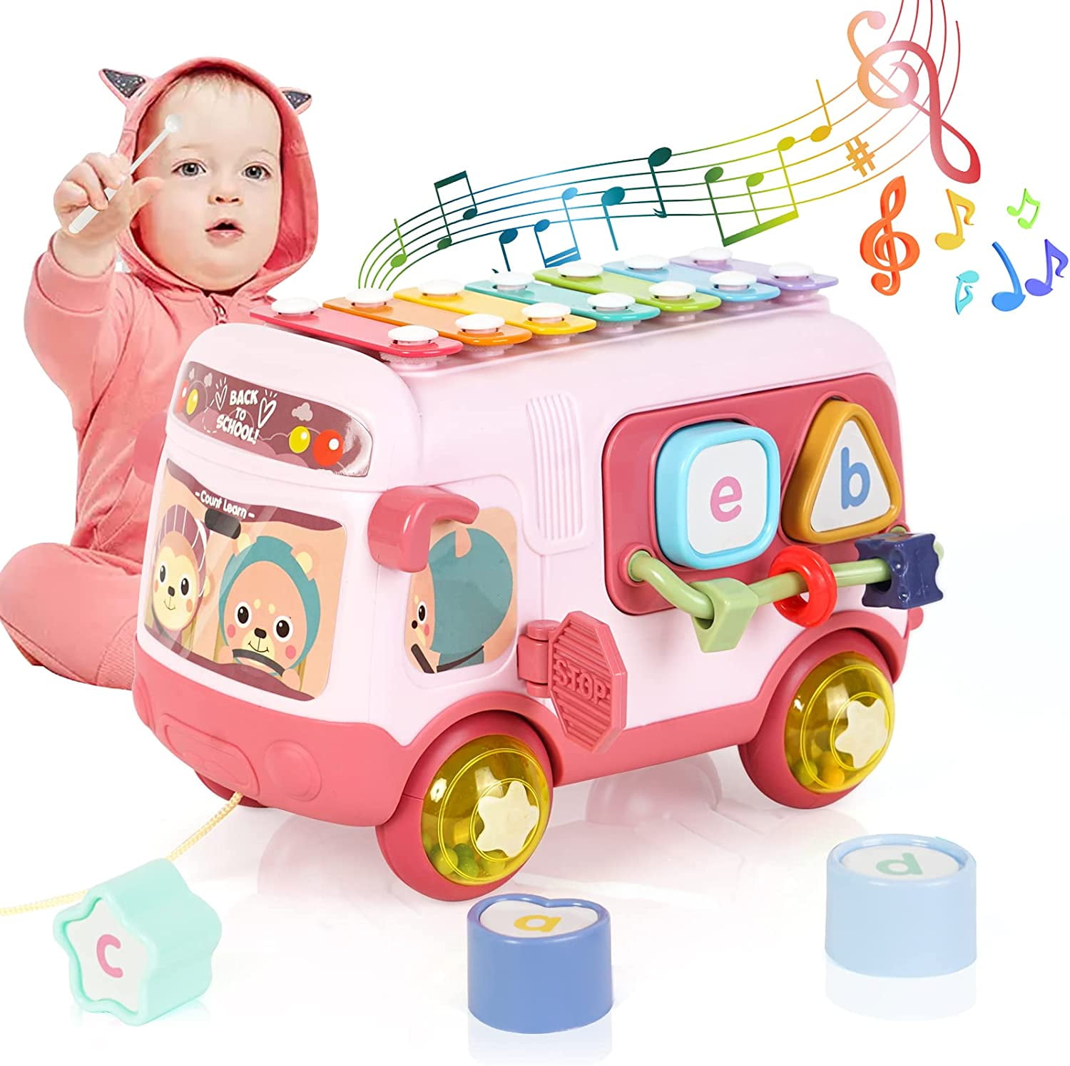 Kids Music Xylophone Bus Toys Keyboard Instrument Early Knock Piano Bus