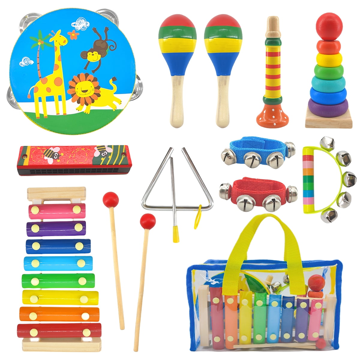 Kids Musical Instruments Set, 14pcs Wooden Percussion Instruments for Baby toddler musical