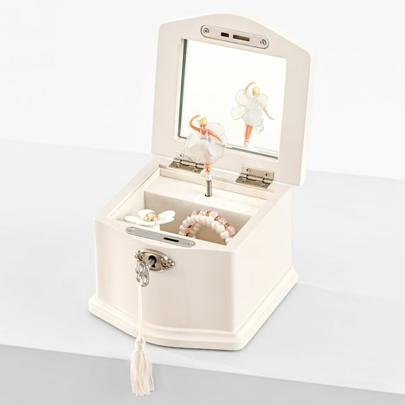 Kids Musical Jewelry Box with Lock and Mirror, Wooden Jewelry Organizer with Spinning Ballerina and You Are My Sunshine Music, Home Decor & Gifts for Girls