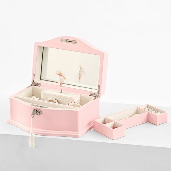 Kids Musical Jewelry Box with Lock and Mirror, Wooden Jewelry Organizer with Spinning Ballerina and You Are My Sunshine Music, Home Decor & Gifts for Girls