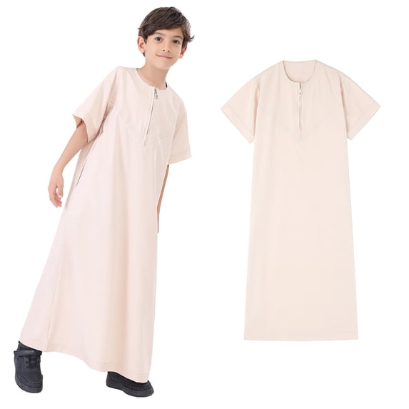 Kids Thobe Short Sleeve Zipper Beige Thobe Ramadan Clothes 5-6 Years Boy Clothes