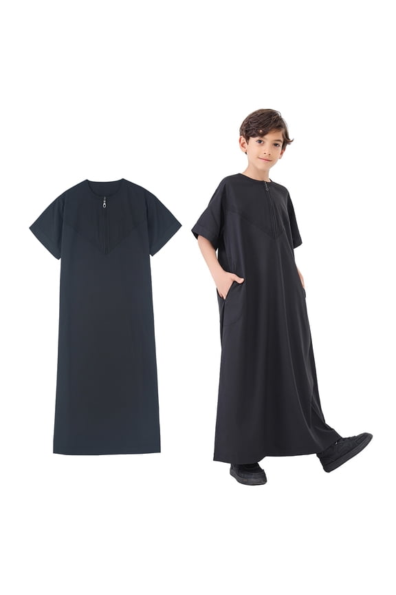 Kids Thobe Short Sleeve Zipper Black Long Thobe Boys Eid Outfits Boy Shirts Size 5-6 Years