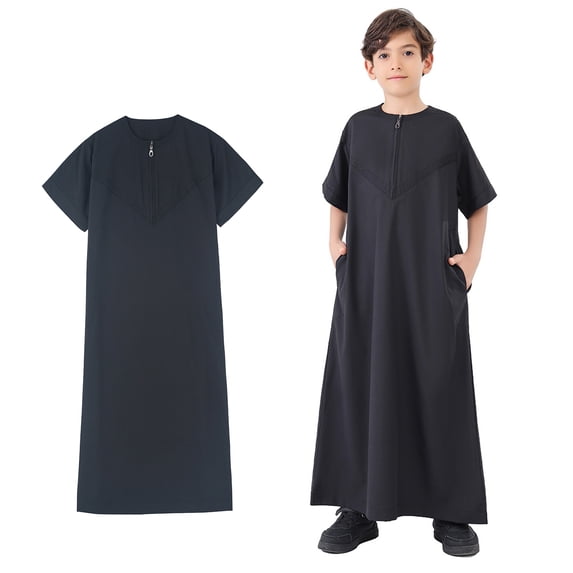 Kids Thobe Short Sleeve Zipper Black Long Thobe Ramadan Clothes 7-8 Years Boys Clothes