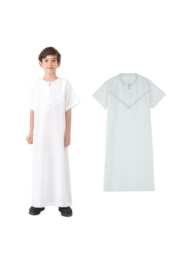 Kids Thobe Short Sleeve Zipper White Thobe Kids Eid Outfit 7-8 Years Clothes Boys