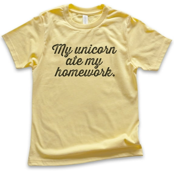 Kids My Unicorn Ate My Homework T-shirt, Youth Kids Boy Girl T-Shirt, Funny Unicorn T-shirt, Yellow, Small