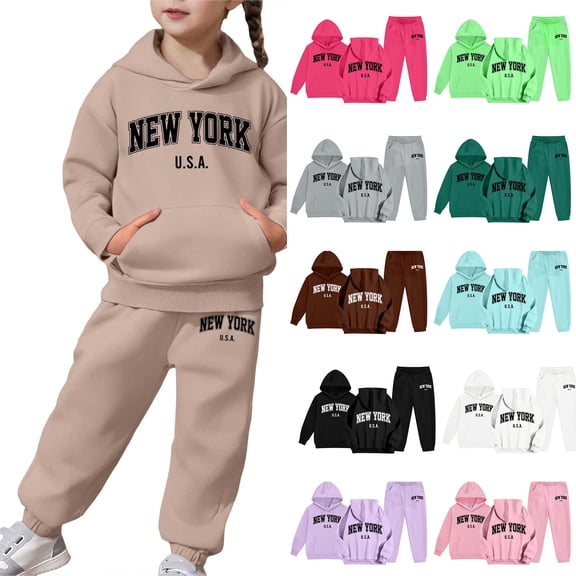 Kids NY Hoodie Jogger Set - Bold New York Lettering Two Piece, Comfy for School, Weekends & Family Vacations Brown 160