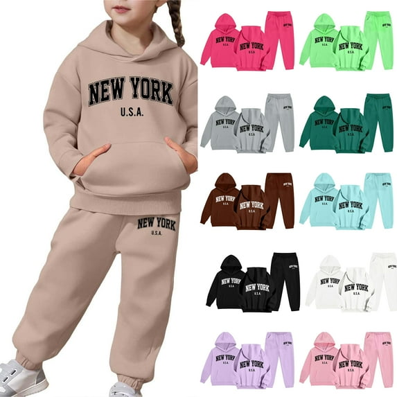 Kids NY Hoodie Jogger Set - Bold New York Lettering Two Piece, Comfy for School, Weekends & Family Vacations Purple 160
