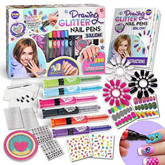 Kids Nail Art Polish Drawing Pens Kit, FunKidz Ultimate 280Pcs Nails Glitter Set For Girls Glow In Dark Sparkly and Colorful Temporary Nail Polish Kit for Kids Salon Girls Fashion Activity For Gi