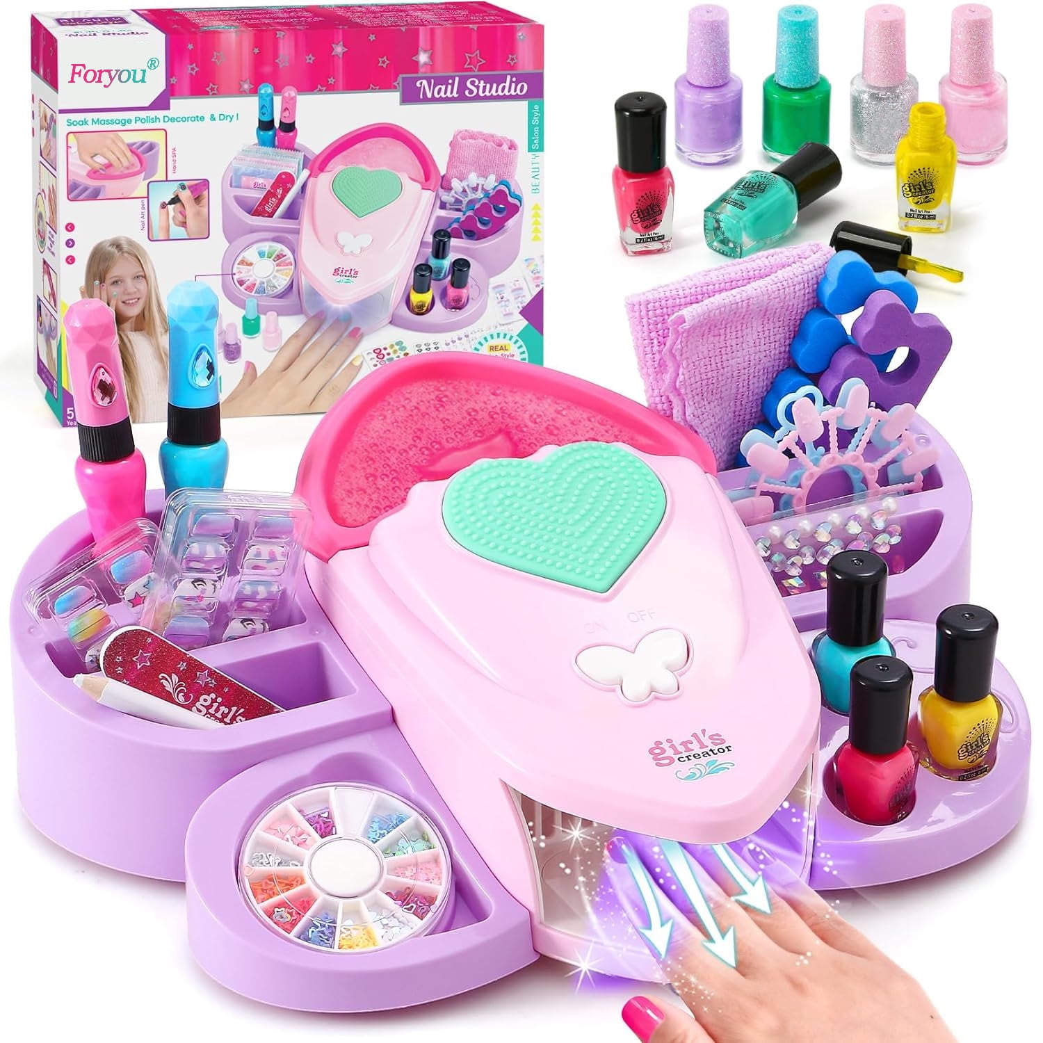 Kids Nail Polish Set for Girls Toy 6 12 Years Old Nail Art Kit Storage Desk with Nail Dryer Hand Massage Spa Kit Kid Manicure Salon Studio Stuff Christmas Birthday Gift Girl Ages 7