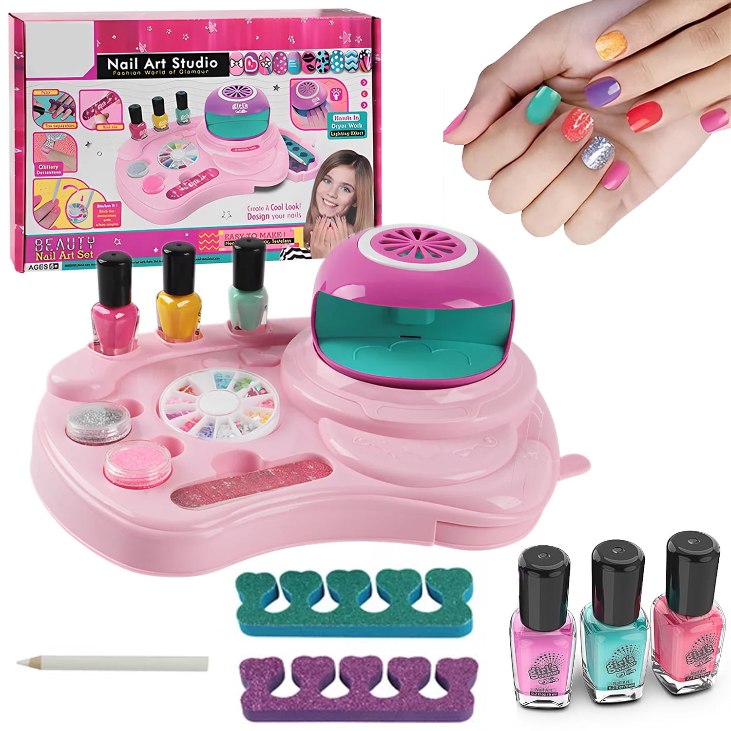 Kids Nail Polish Toys,Nail Polish Kit for Girl Ages 6-12,Teenage Girls Birthday Presents Girl Nail Varnish Kits,Kids Nail Art Salon Set with Nail Dryer,Best Party Birthday Christmas Gift