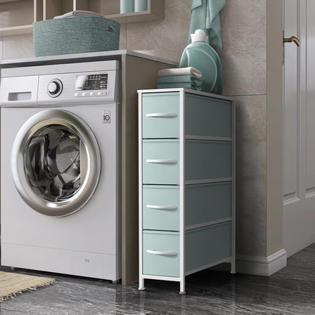 Kids Narrow Dresser with 4 Drawers - Vertical Slim Storage Chest of Drawers with Steel Frame, Wood Top & Easy Pull Fabric Bins for Small Spaces, Closets, Bedroom, Bathroom & Laundry