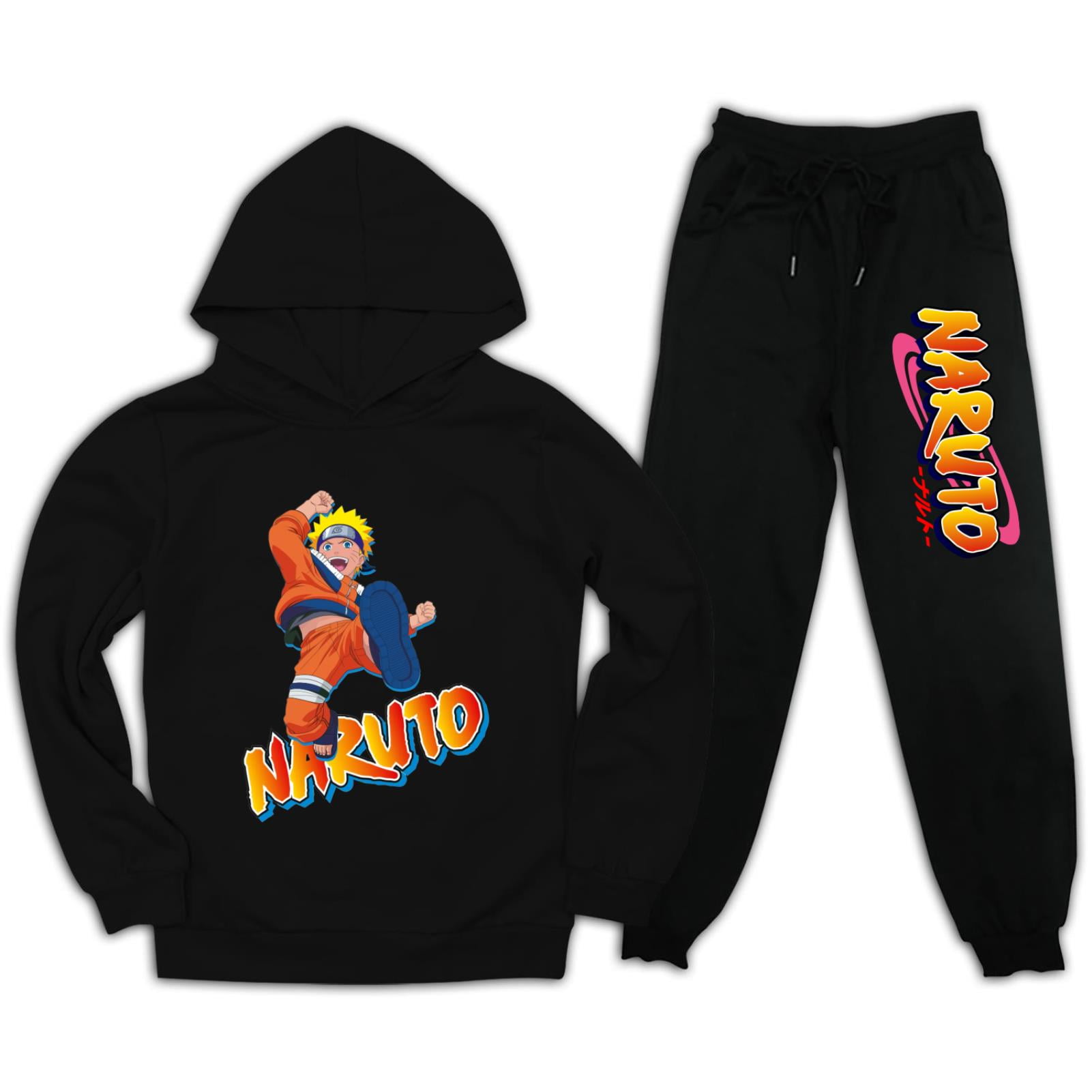 Kids Naruto Pullover Hoodies and Sweatpants 2 Piece Outfit Set Jogging Tracksuit Sweatshirt Set for Boys Girls Black Medium