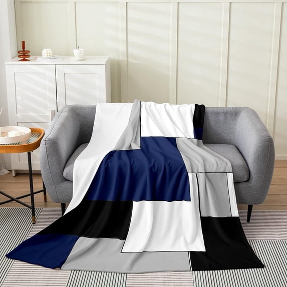 Kids Navy Blue Geometric Plush Blanket Modern Square Art Throw Blanket for Women Men Bedroom Black Gray White Decor Flannel Fleece Blanket Geometric Fuzzy Blanket 40"x50"