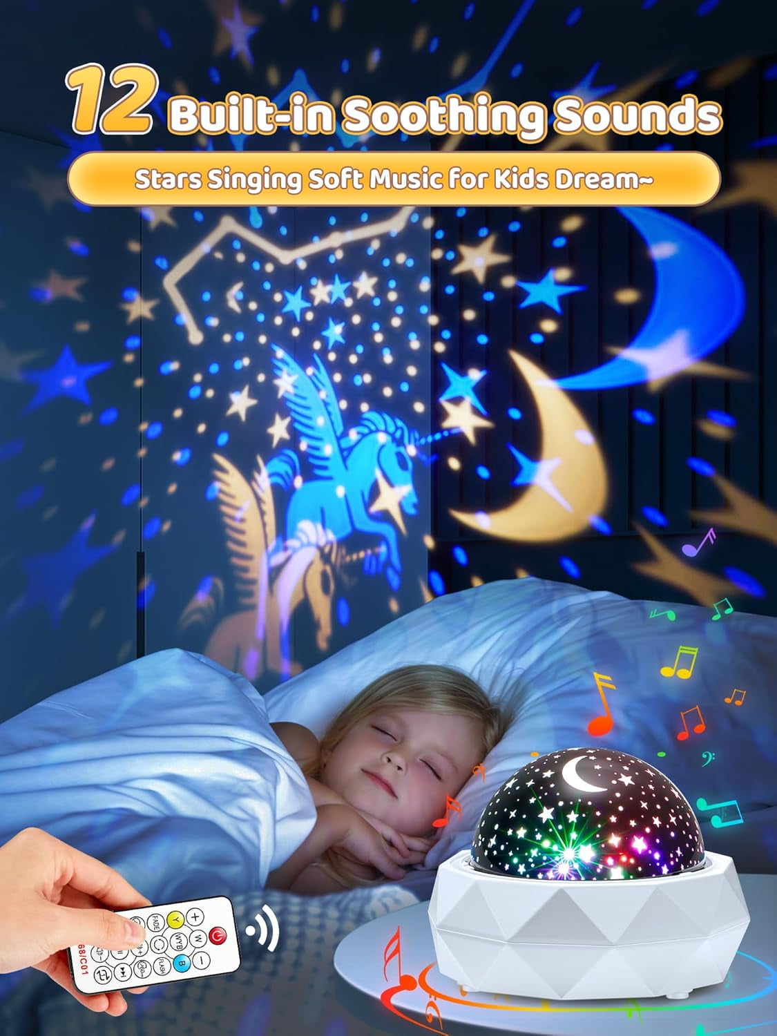 Kids Night Light Projector+12 Lullabies, 8 Colors+3 Films+360° Night ...