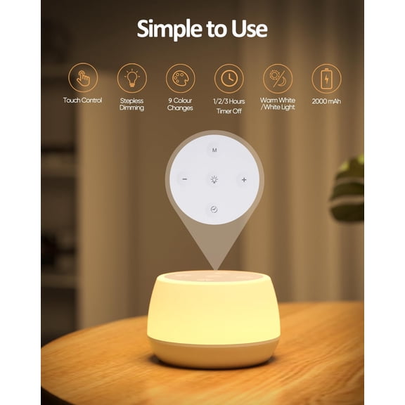 Kids Night Light Touch 3 Modes & 9 Colors Changing, Rechargeable Bedside Lamp Stepless Dimmable, Portable Touch Table Lamp with Timing & Memory, Soft Eye Caring Night Lamp for Kids Adults