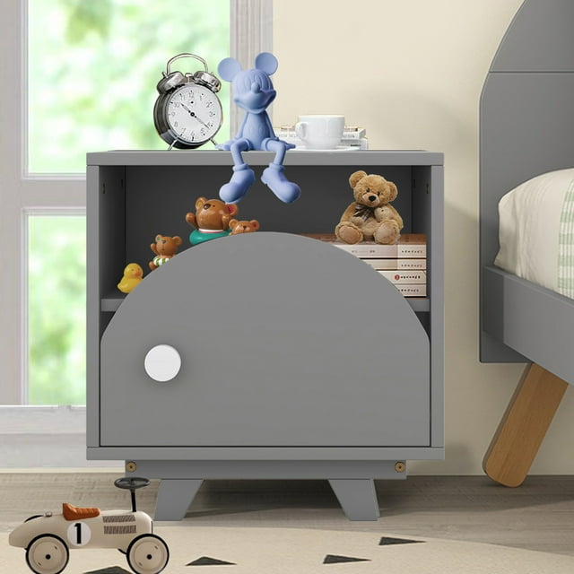 Kids NightStand Grey, Kids Grey Nightstand with Drawer and a Open
