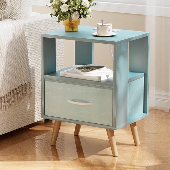 Kids Nightstand, 2-Tier Side Table with Charging Station and Drawer, Modern Blue Bedroom Night Stand for Small Spaces