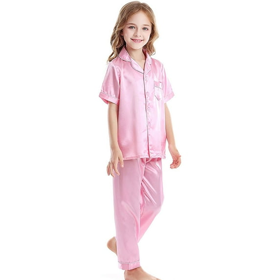 Kids Nightwears Girls Boys Pajamas Set Satin Silk Short Sleeves Sleepwear 2PCS Button Down Classic Loungewear Pants Fall Winter Soft Loungewear For Child