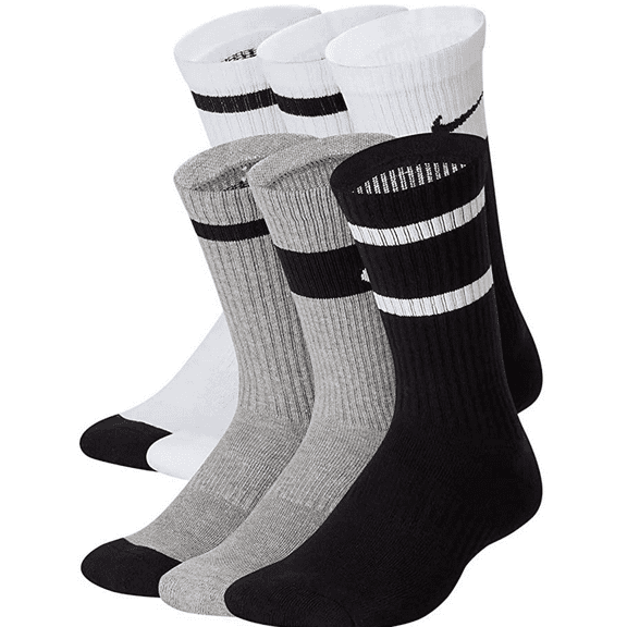 Kids Nike 6-Pack Everyday Cushioned Dri-FIT Crew Socks Color: Black Size: 7-8.5