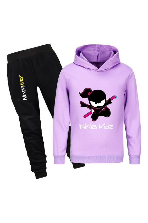 Kids Ninja Kidz Sweatshirt and Pants Set – Boys Girls 2-Piece Hoodie Outfit Cartoon Tracksuit for Daily Wear or Sports