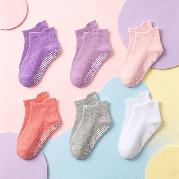 Kids Non-Slip Socks 6 Pairs for Girls - Ankle Gripper Socks, Breathable Cotton Multicolor,Size 1 T