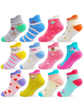 12 Pairs Kids Non Slip Skid Socks Grips Sticky Slippery Cotton Crew Socks  For 1-3/3-5/5-7 Years Old Children Youth Boy Girl