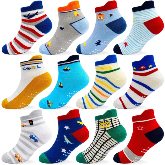 Skibeaut Kids Non Slip Socks Grip Ankle Sticky Toddler Socks 12 Pairs for 1-3/3-5/5-7 Years Boys Girls