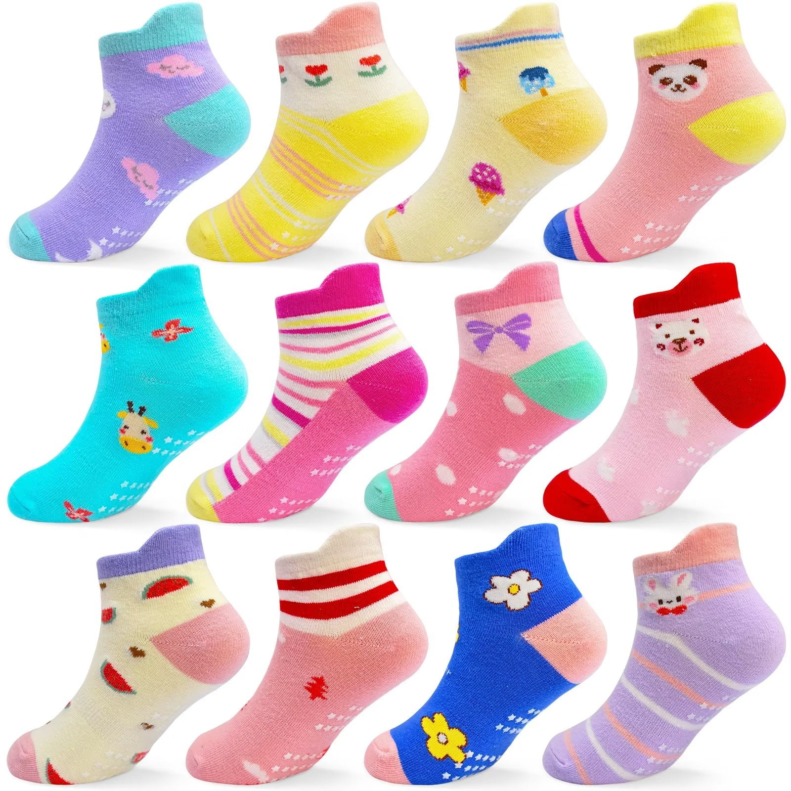 SkiBeaut Cotton Non Slip Toddler Socks 12 Pairs for 17 Years Old Boys & Girls, Unisex Size