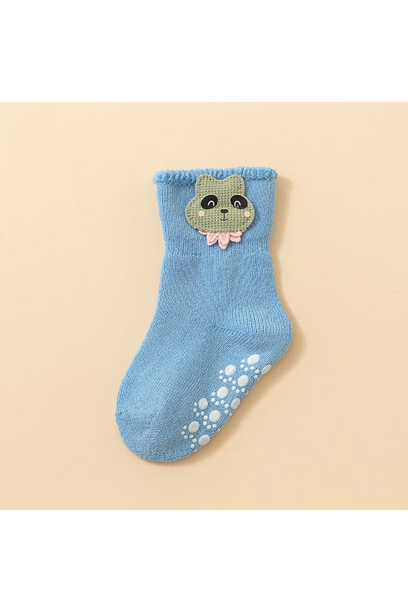Kids Non Slip Socks with Grip, Cotton Bear Design Ruffle Cuff, Unisex Kids Kids Socks 0-3 Years, Blue,Size M