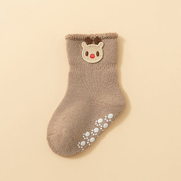 Kids Non Slip Socks with Grips - Khaki Unisex 100% Cotton Kids Socks for Crawling, Soft Anti Skid Kids Socks with Reindeer Design,Size M