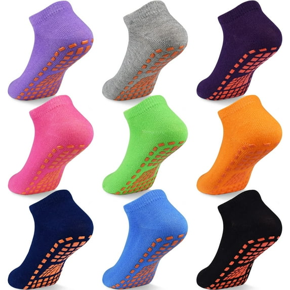 Kids Non-Slip Trampoline Socks, 9 Pairs of Colourful Ankle Cotton Socks for Children 2-13 Years 0ld