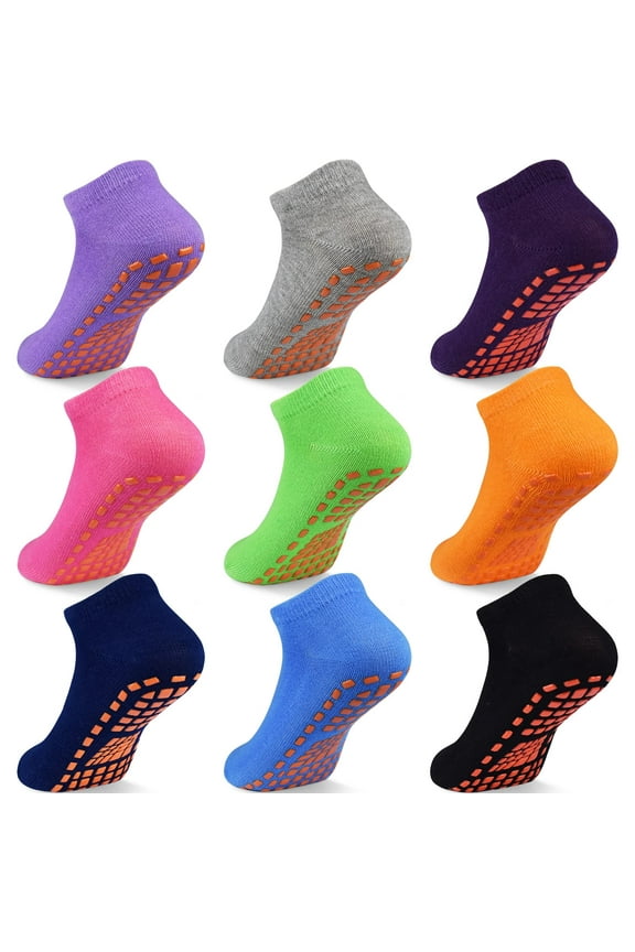 Kids Non-Slip Trampoline Socks, 9 Pairs of Colourful Ankle Cotton Socks for Children 2-13 Years 0ld
