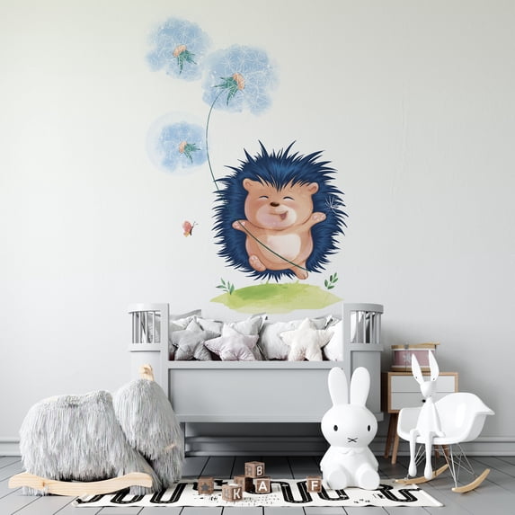Kids Nursery Bedroom Decoration Sticker Baby Hedgehog Holding Flowers Vinyl Wall Art Decal - 20 Inches x 25 Inches Removable Home Wall Watercolor Art Adhesive Decor Design - Multicolor