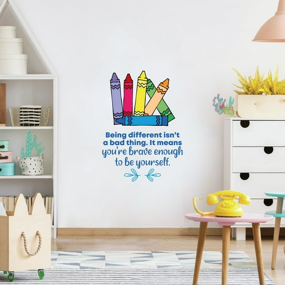 Kids Nursery Daycare Multicolored Crayons Décor Sticker 28" x 28" Inspirational Quotes Design Vinyl Home Wall Decal - Being Different Isn't A Bad Thing It Means You're Brave Enough To Be Yourself.