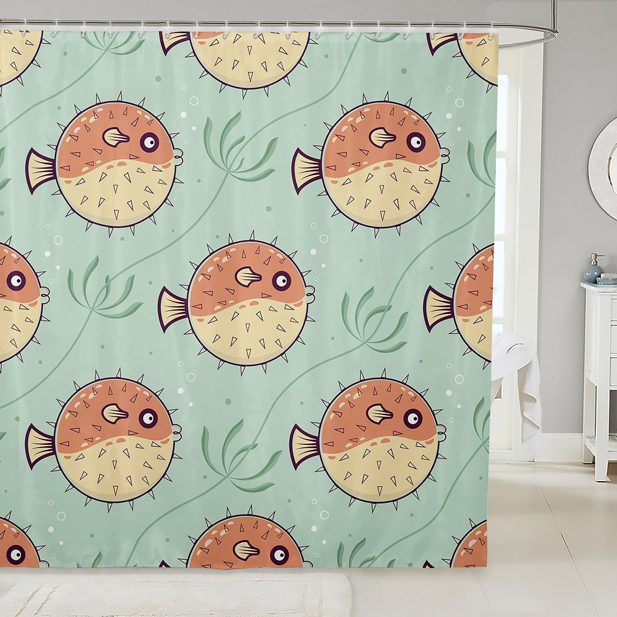 Kids Ocean Life Shower Curtain 72"Wx72"L,Funny Pufferfish Bathroom Shower Curtain Sets for Boys