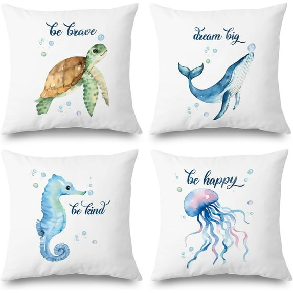 Kids Ocean Pillow Case, Sea Turtle Whale Seahorse Jellyfish Sea Animal Pillows Cover 18x18 Set of 4, Ocean Theme Decor Piilow for Toddler Boys Girls Kids Room Nursery Classroom