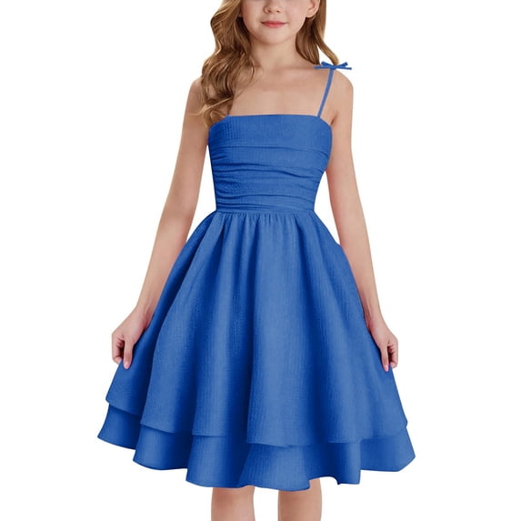 Kids Off Shoulder Gown Dress For Girls Bowtie Straps Ruffle Sundress Summer Spring Fall Daily Streetwear Cute Dresses For Girls Blue 10-11 Y
