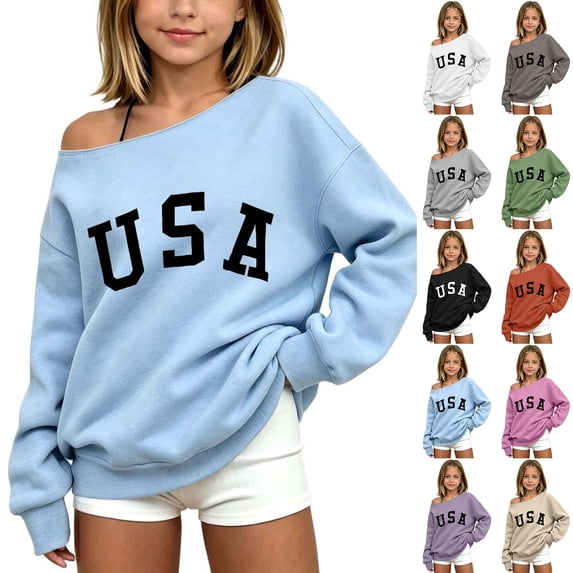 Kids Off the Shoulder Tops Long Sleeve Letter Print Sweatshirt Pullover Casual Loose Tops Fall Winter Outfits Girls Sweatshirts Size 3-14 Years