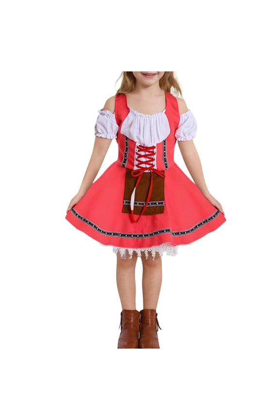 Kids Oktoberfest Beer Costumes German Bavarian Traditional Girls Oktober Fest Dirndl Long Dress for Girls Party Costumes Pink 14-15 Years