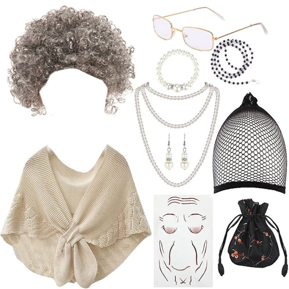 Kids Old Lady Costume for Girls 100th Day of School Costume Granny Grandma Costume Cane Wig Glasses Pearl Necklace