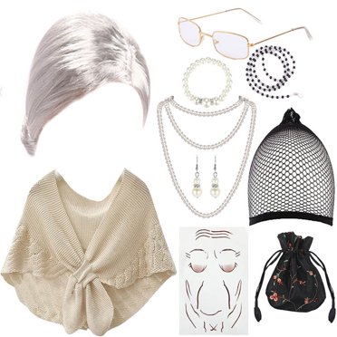 MSS U HAR Old Lady Wg Costume Set Grandma Wg Granny Glasses Pearl Necklace 3Peces Part