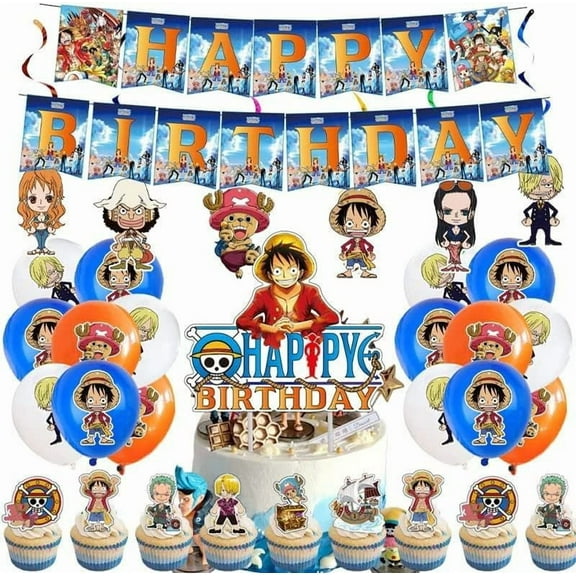 Kids One Piece Birthday Party Decoration Kit,Luffy Theme Banner Balloons Cake Toppers Anime Party Supplies