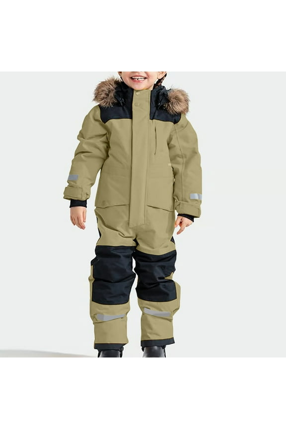 Kids One Piece Snowsuit Waterproof Windproof Thermal Winter Snowsuit Ski Outdoor Padded Jumpsuit with Hood for Boys Girls 1-15 Years