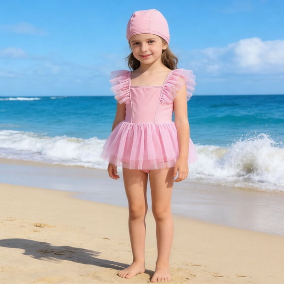 Kids One Piece Swimsuit for Girls with Mesh Skirt Quick Dry Beach Summer Swimwear Kids Girls Bathing Suits Size 3-4 Years